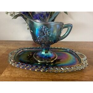 Indiana Glass Harvest Grape Carnival Glass‎ Creamer Tray Blue Iridescent Vintage